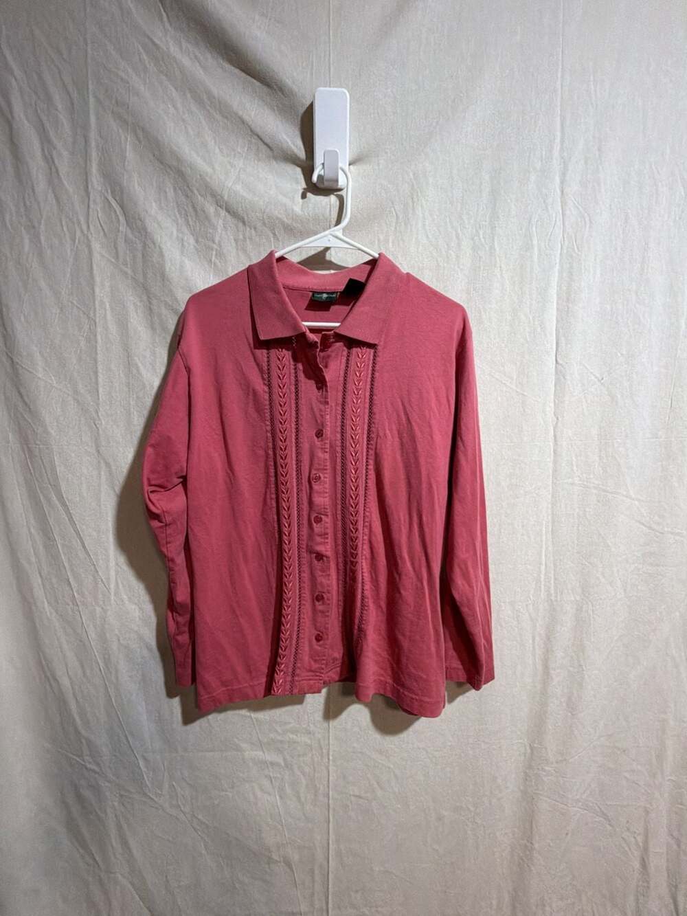 Hunt Club Women's Pink Long Sleeve Button-Front Shirt with Pintuck and Embroider